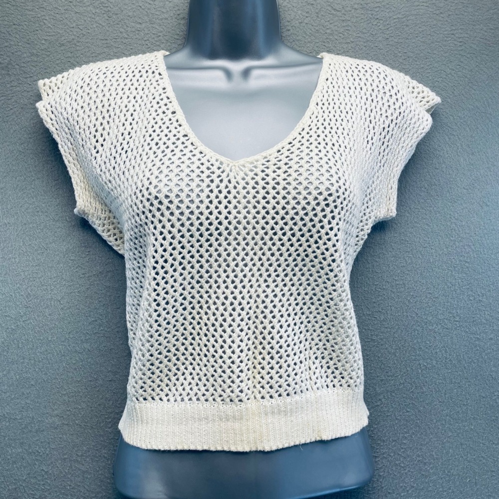 VTG FaBE Open Knit Mesh Sweater Top Ivory Sheer Coastal Boho Ramie Cotton M